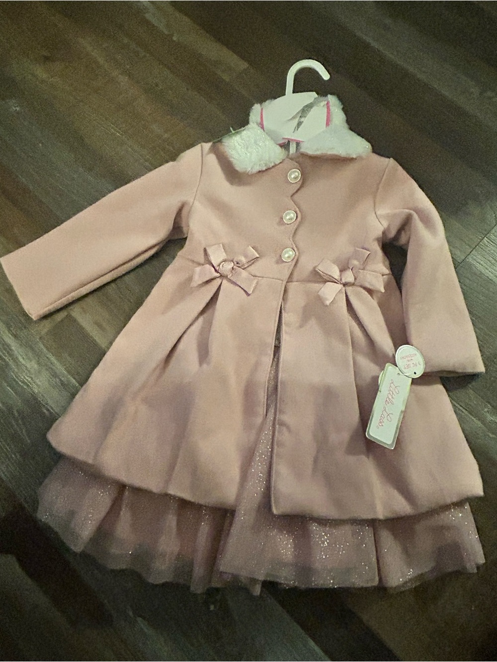 little lass Set Coat & Dress bow Tulle pink White Girls 24m
